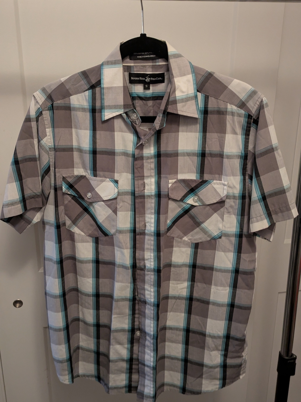 Beverly Hills Polo Club Gray & Teal Plaid Short-Sleeve Button-Down